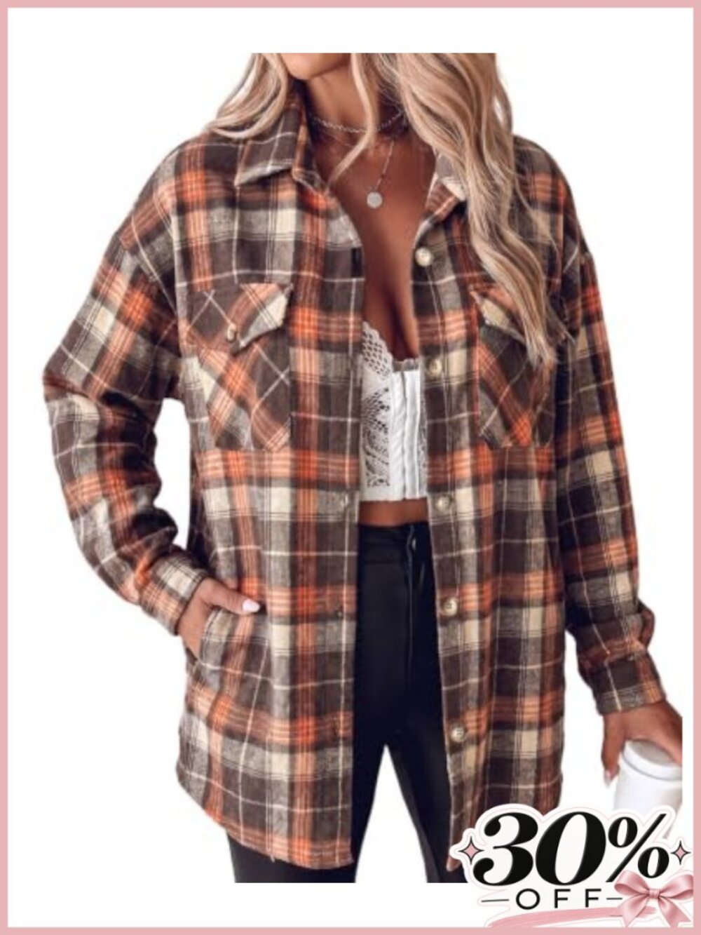 Plaid Shacket Flannel Shirt Jacket Button Front Oversized